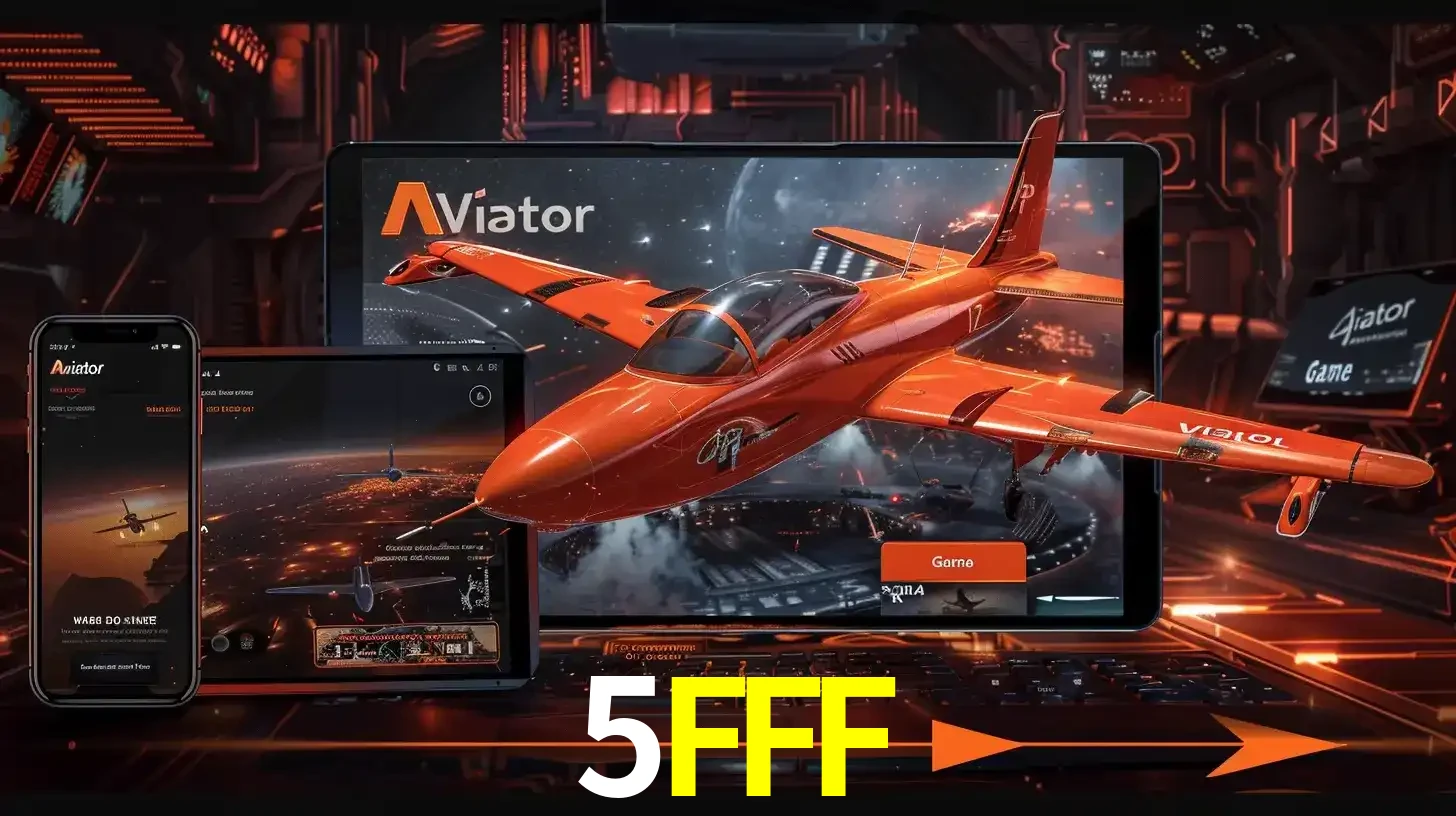 Apresentação tecnológica do jogo Aviator com um avião saindo da tela de um tablet, demonstrando a experiência imersiva em múltiplos dispositivos no 5FFF.