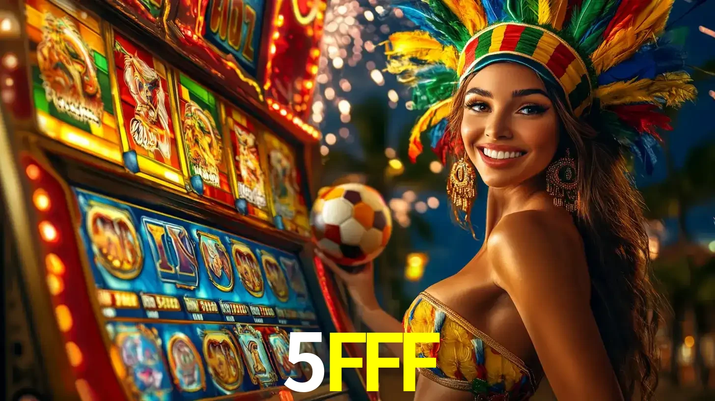 Mulher com um cocar de carnaval ao lado de uma máquina de caça-níqueis enquanto segura uma bola de futebol, mostrando a união da diversão de cassino e esportes no 5FFF.