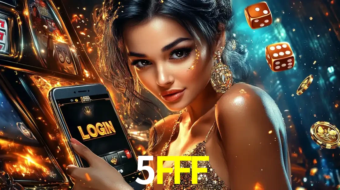Mulher glamourosa segurando um celular com a tela de login do cassino 5FFF, rodeada por dados e moedas douradas, pronta para começar a diversão.