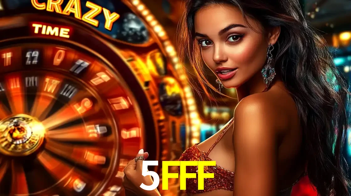 Mulher ao lado da roda de prêmios do jogo de cassino ao vivo Crazy Time, um dos shows de jogos mais emocionantes oferecidos pela plataforma de apostas 5FFF.