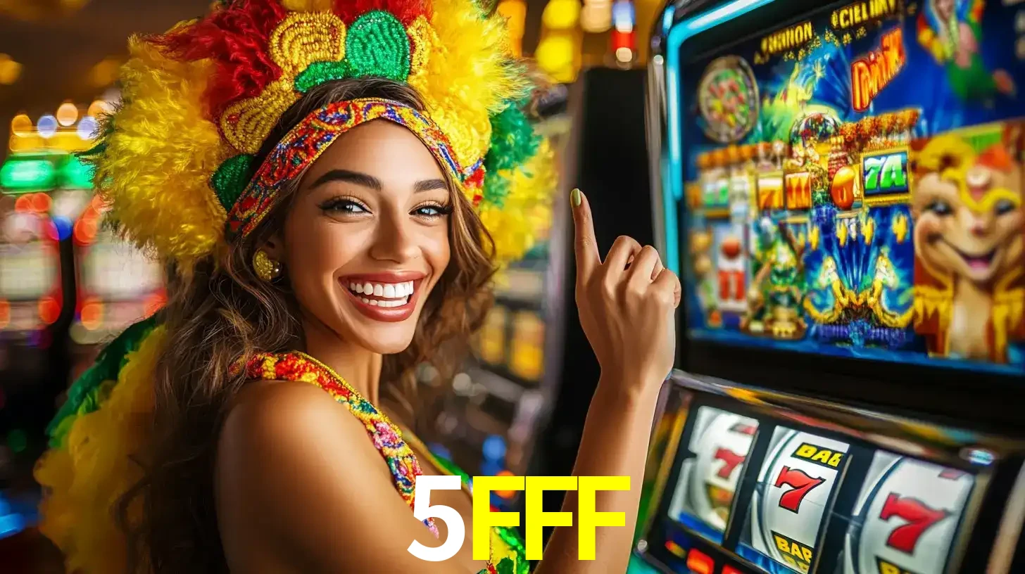 Mulher animada com um cocar de carnaval apontando para uma máquina de caça-níqueis, mostrando a emoção de ganhar um grande prêmio nos jogos do 5FFF.