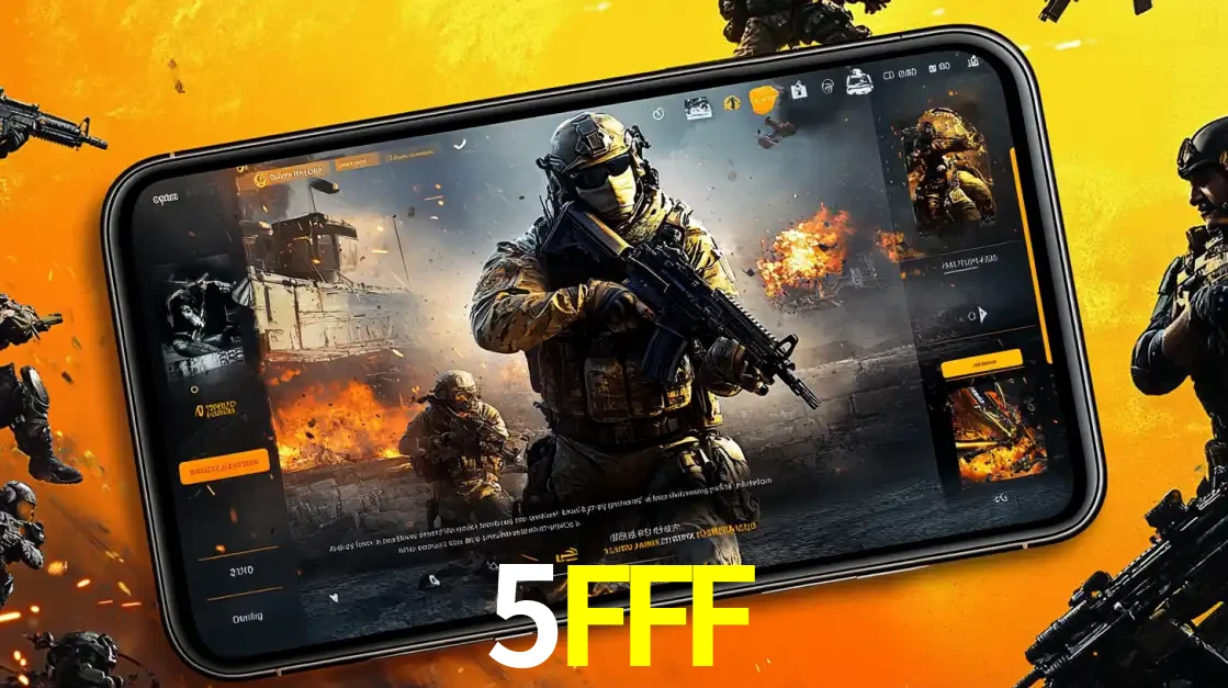 Um smartphone exibindo a interface de um jogo de tiro em primeira pessoa, com um soldado em um cenário de batalha, representando a ação dos e-sports para apostar no 5FFF.