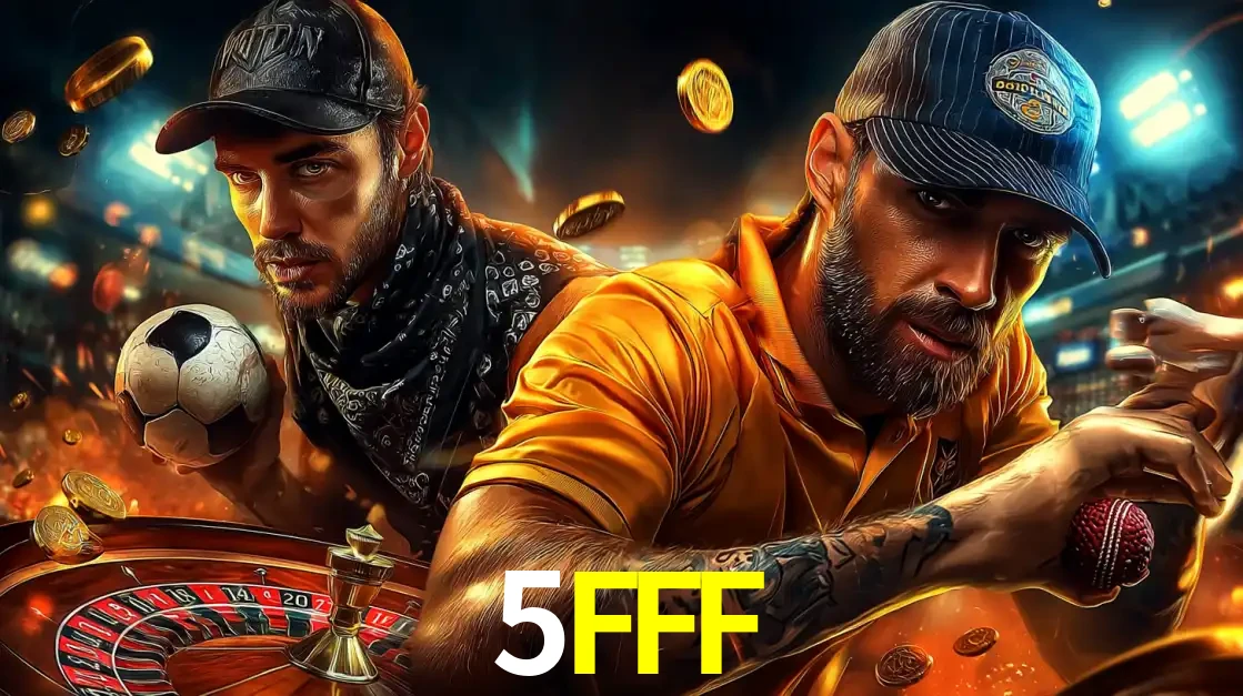 Montagem de apostas esportivas e cassino no 5FFF, com um homem segurando uma bola de futebol e outro uma de beisebol sobre uma roleta e moedas voadoras.