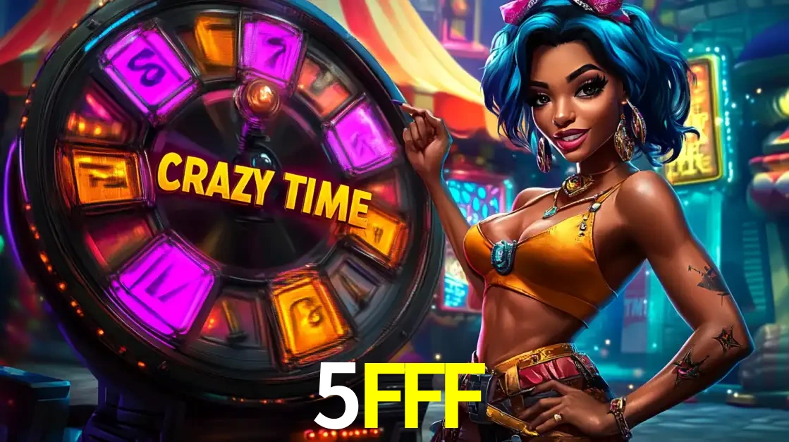 Mulher estilizada com cabelo azul e visual vibrante posando ao lado da roda de prêmios do game show Crazy Time, convidando para a diversão e os bônus do cassino 5FFF.