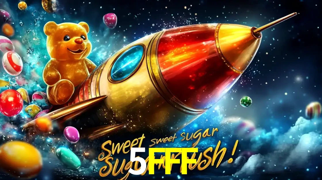 Arte promocional do jogo de slot Sugar Rush, com um urso de pelúcia em um foguete viajando pelo espaço de doces, um dos jogos divertidos disponíveis no cassino 5FFF.