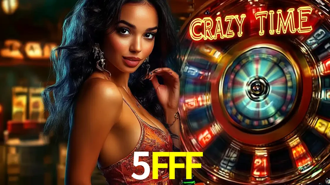 Mulher elegante ao lado da vibrante roda da fortuna do jogo de cassino ao vivo Crazy Time, um dos game shows mais populares e cheios de prêmios do 5FFF.