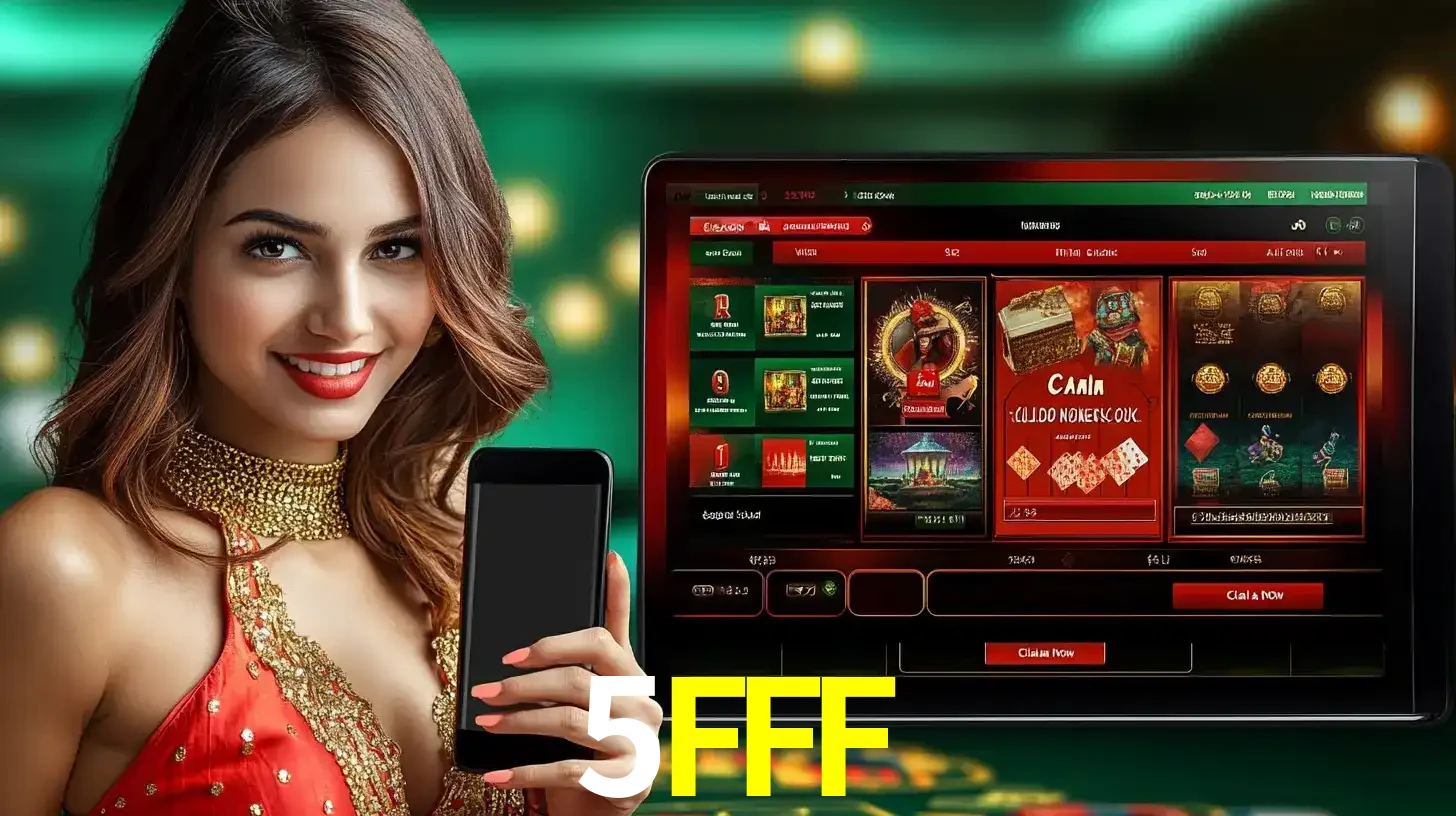 Mulher sorridente segurando um smartphone, ao lado de uma tela exibindo o lobby de jogos do cassino online 5FFF, com várias opções de jogos de cartas e slots.